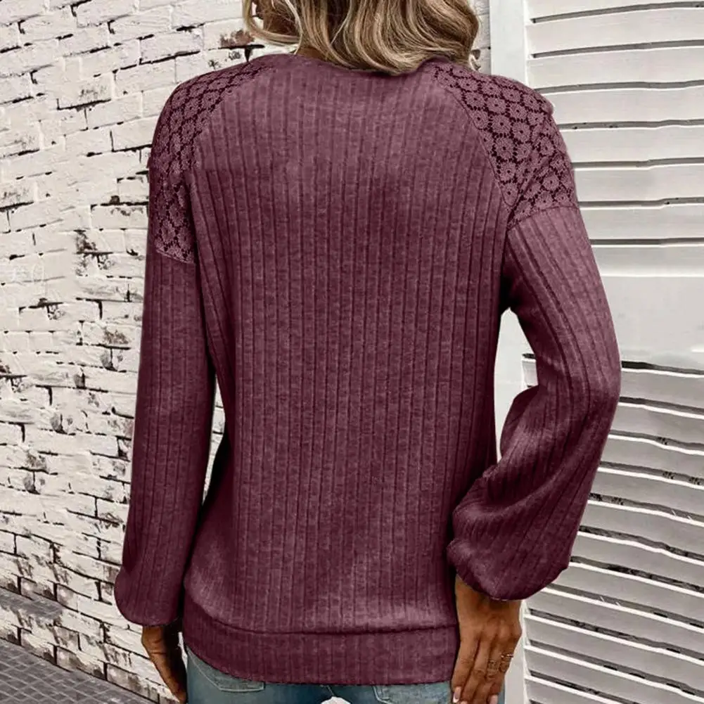 

Однотонный пуловер Топ Женская блузка с цветочным кружевом в стиле пэчворк мягкий теплый весенний/осенний топ с аппликацией и круглым вырезом полосатая текстура