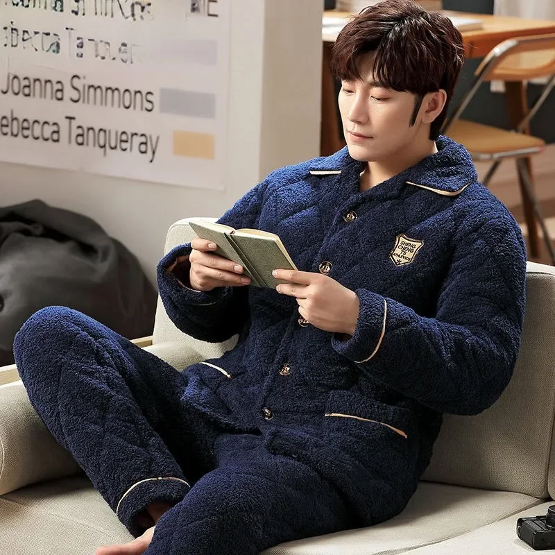2024 New Winter Men Three-layer Cotton Coral Velvet Pajamas Thickened Warm Nightwear Loose Loungewear Flannel V-neck Sleepwear