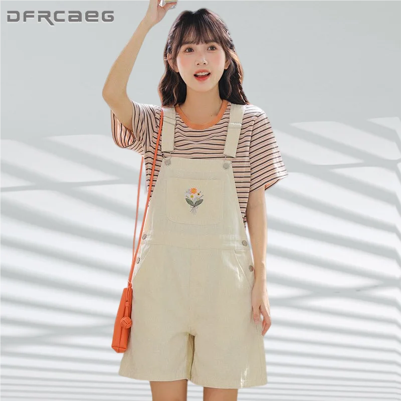 

White Flowers Embroidery Summer Jeans Overalls Woman 2023 Casual Kawaii Cute Suspender Denim Short Jumpsuit Pants Femininas