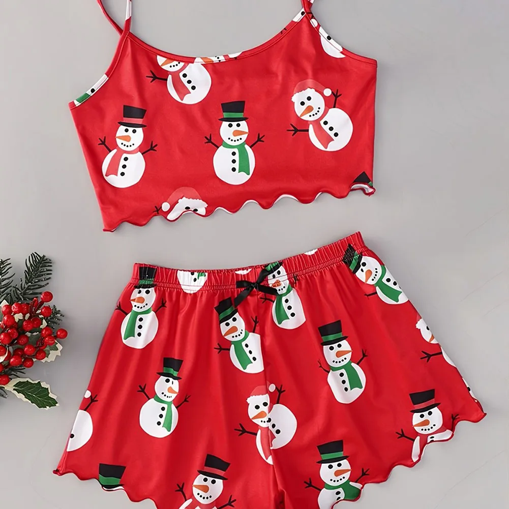 Women Christmas Pajamas Set Girls Homewear Sleeveless Top With Shorts Loungewear