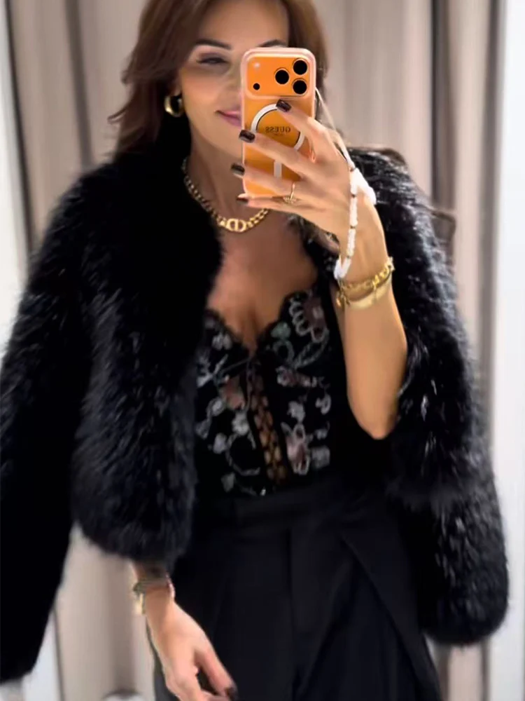 Women Fashion Fur Short Top Long Sleeves O-neck Solid Color Jacket Autumn and Winter Female Faux Fur Casual Vintage Outwear