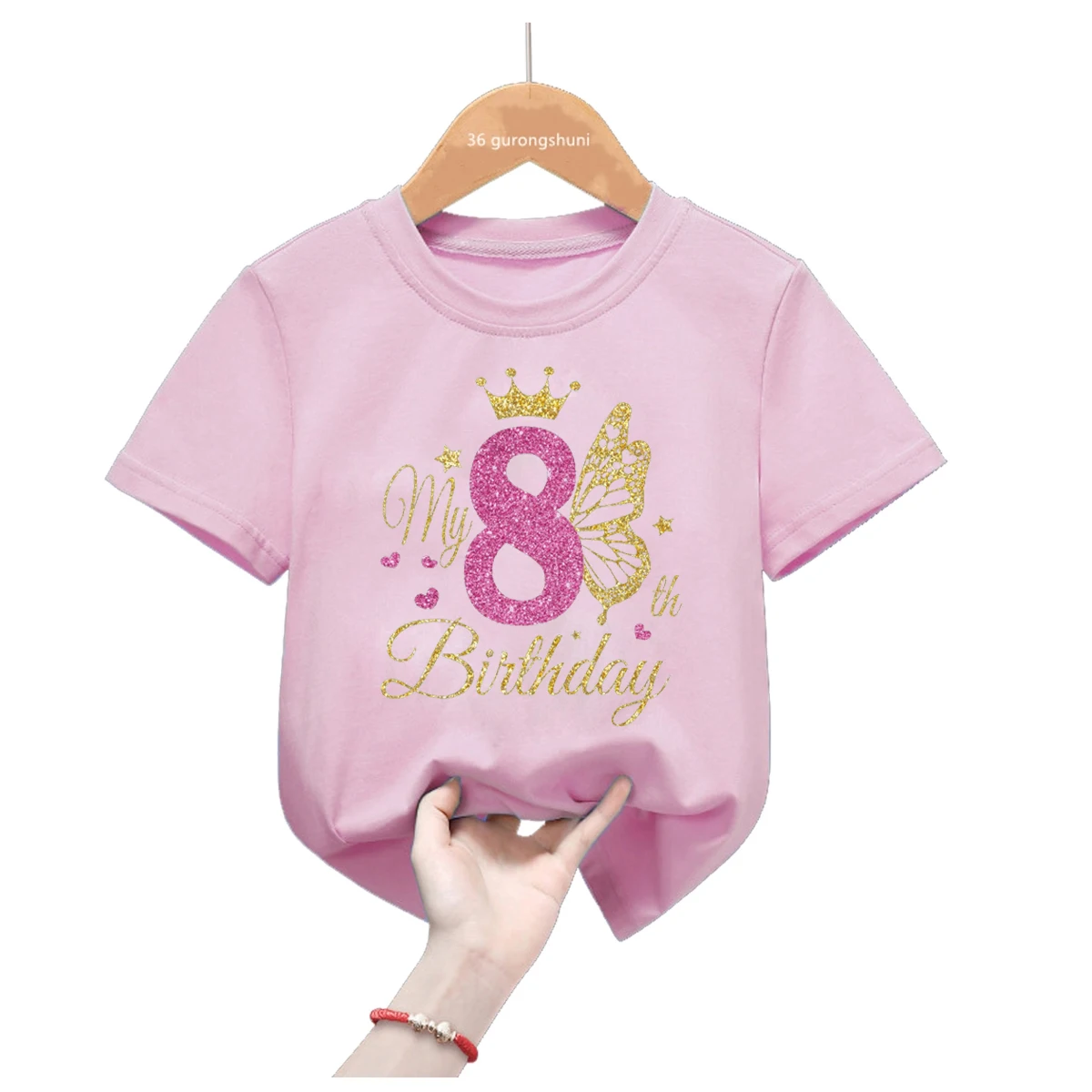 Customized Name Tshirt It's My 1-11th Happy Birthday Princess Golden Butterfly T-Shirt Girls Gift Kids Clothes Short Sleeve 5
