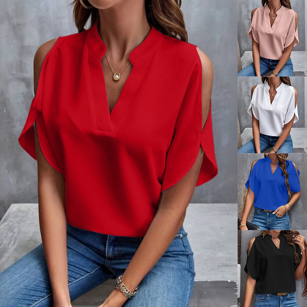

Womens Solid Classic Short Sleeve Cold Shoulder T-shirts Ladies Casual Loose Business Tops Blouse OL Work