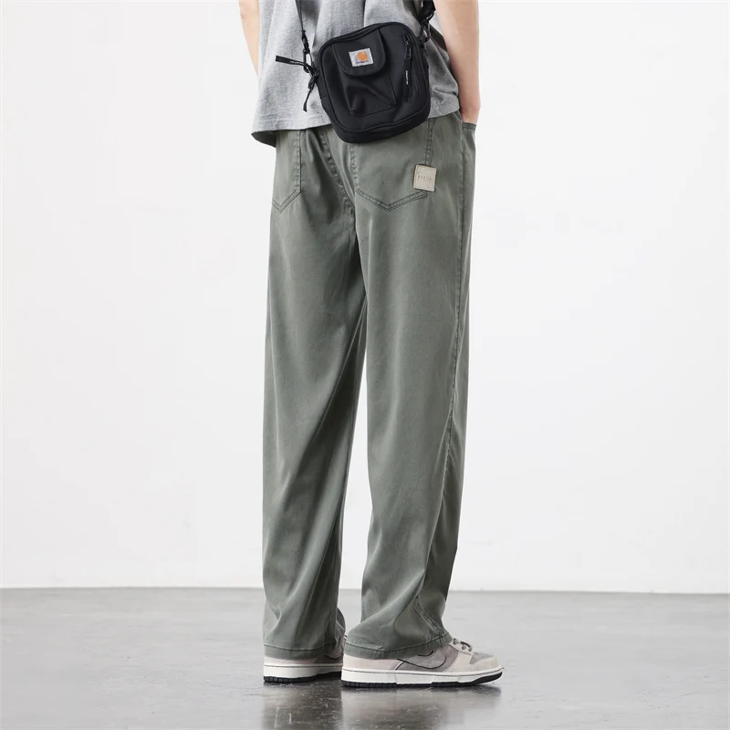 Summer Men Soft Lyocell Fabric Trousers Thin Baggy Straight Wide Leg Pants Drawstring Elastic Waist Korea Jogger Casual Pant