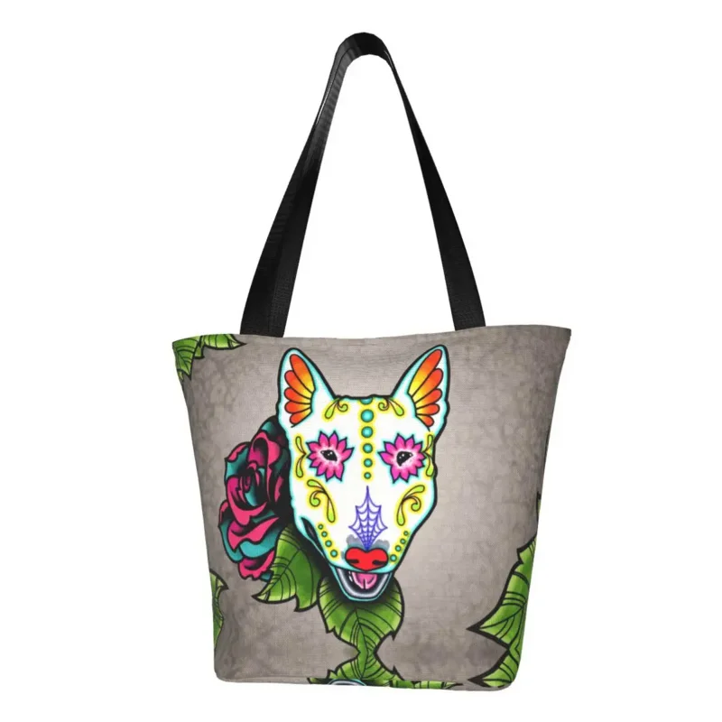 

Recycling Day Of The Dead Bull Terrier Shopping Bag Women Canvas Shoulder Tote Bag Washable Sugar Skull Dog Grocery Shopper Bags