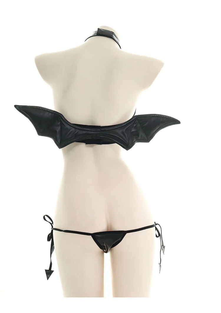 Sexy Devil Cosplay Lingerie Women Hollow Out Leather Underwear Top Wing  Panty Set Anime Demon Bandage Bodysuit Halloween Costume