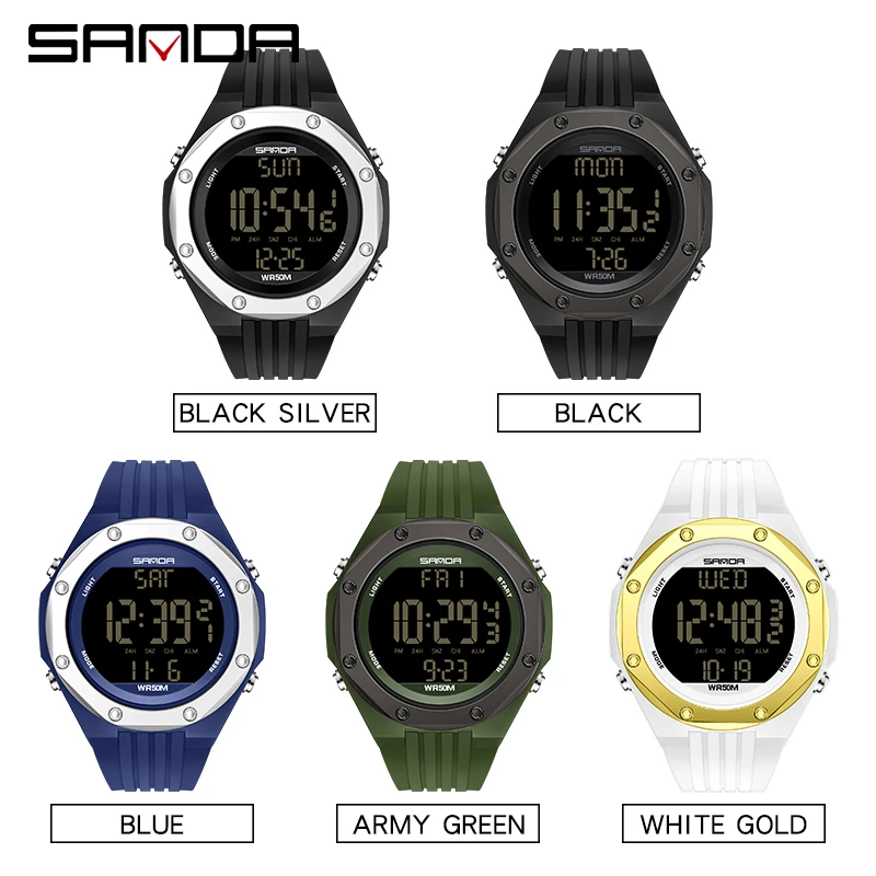 SANDA Men Outdoor Sports Multifunctional Electronic Watch LED Digital Display Military Watches 5ATM Waterproof Timer Alarm Clock