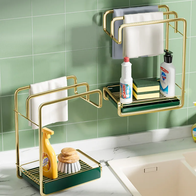 Light luxury style Rag Drain Rack Kitchen Storage Holders Gold Wall Shelf Organizer Metal Double-layer Bracket Delicate Texture