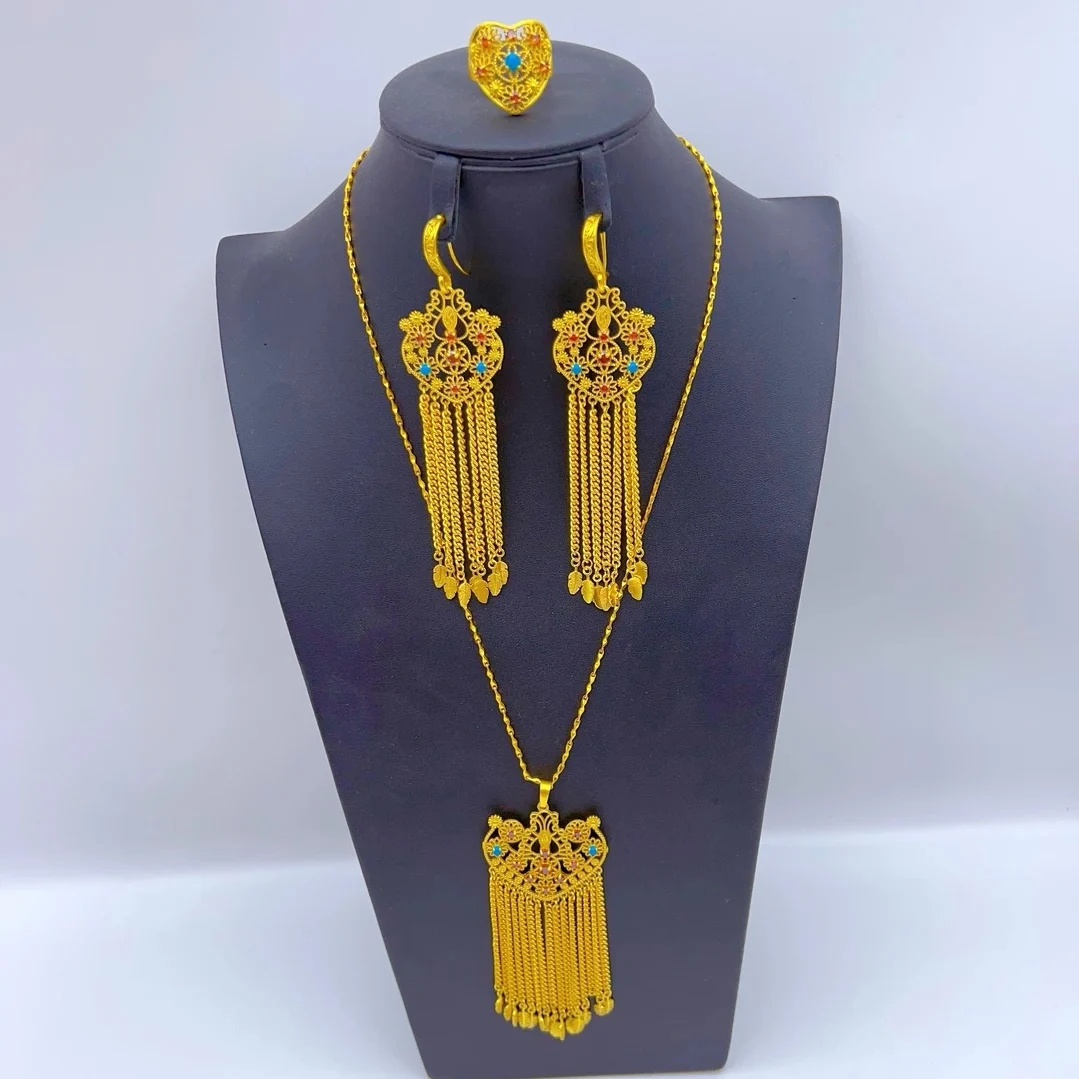 

2023 New Dubai Jewelry Tassel Necklace Earrings Women's Ring Bridal Wedding Party Fashion Jewelry Three Piece Set YY10218