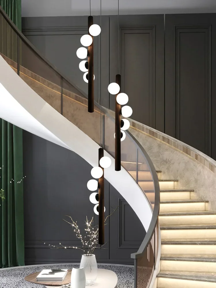 Nordic Black LED Ceiling Chandelier Stairs Suspension Lighting Fixtures Living Room Glass Hanging Light Home Decor Pendant