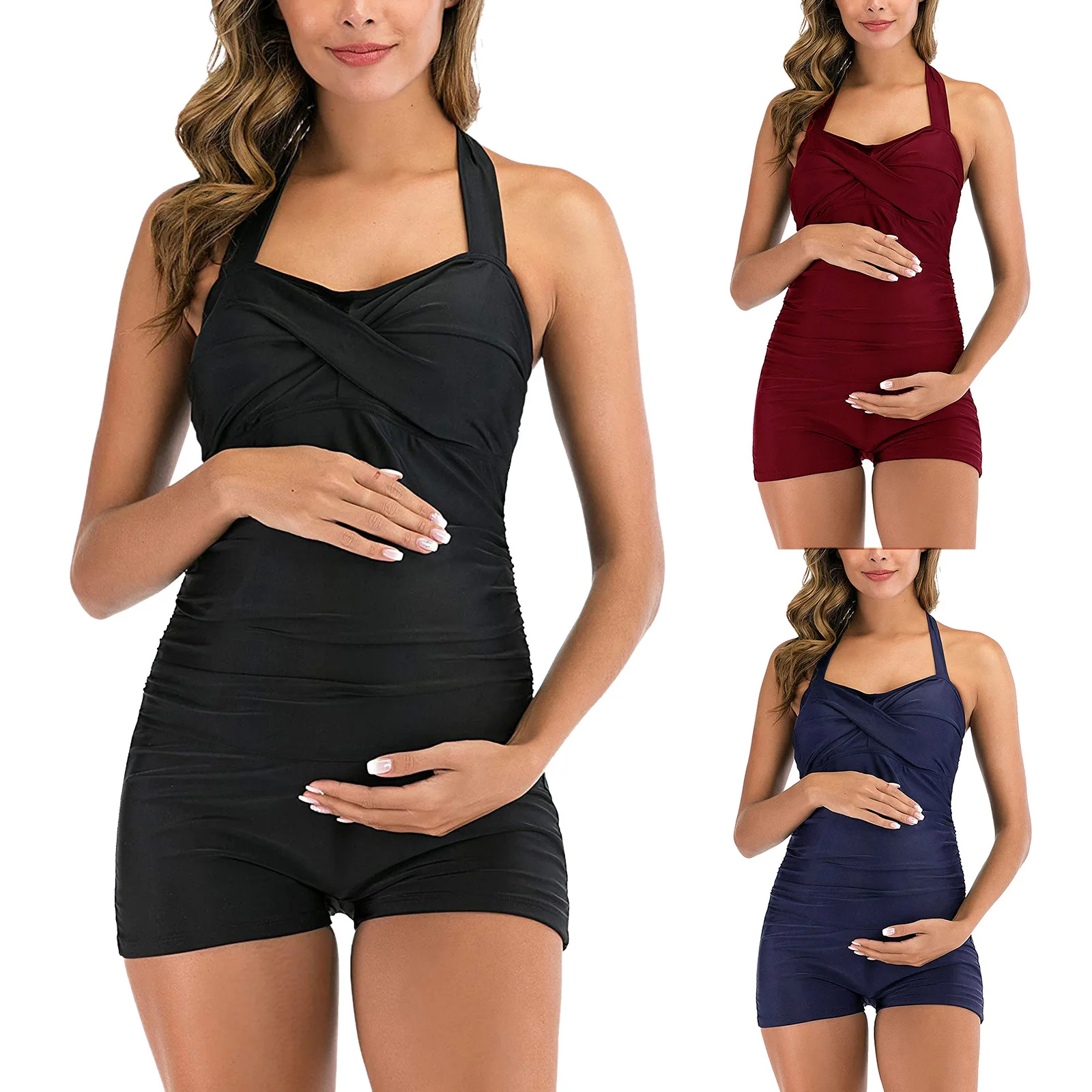 MaternityBathingSuitNylonSolidColorOnePieceSwimsuitGatherOne