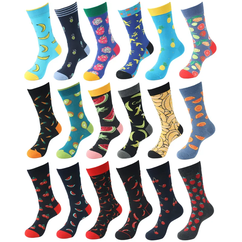 Casual Cotton Men Socks Fashion Fruit Chili Banana Pepper Happy Funny Design Colorful Skateboard Happy Socks Man Hot Sale funny 5 pairs pack kawaii embroidered expression cotton socks colorful women happy fashion ankle funny socks candy color
