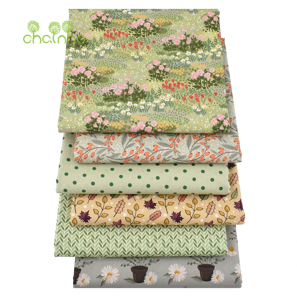 Chainho,Green Floral,Digital Printed Plain-Weave Cotton Fabric,Patchwork Cloth Of Handmade DIY Quilting Sewing Bag,Toys Material
