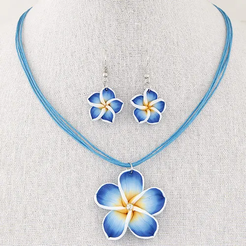 Women's sweet Plumeria Flowers Jewelry Sets Polymer Clay Fimo Earrings Pendant Necklace 4