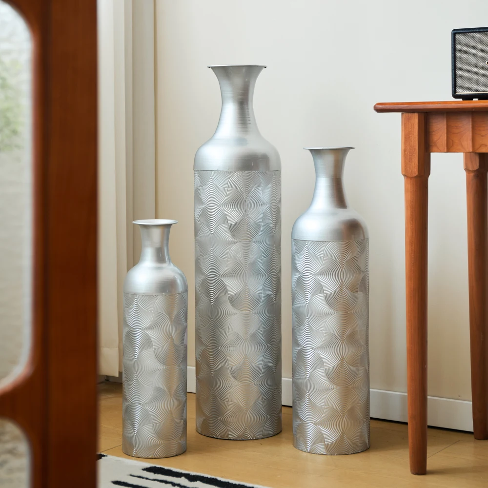 3-teilige Retro-Bodenvasen aus Metall in Weißgold (83/65/50 cm hoch), große dekorative Vasen für Wohnzimmer/Schlafzimmer, passend für Pampas-Zweige – Detail 13
