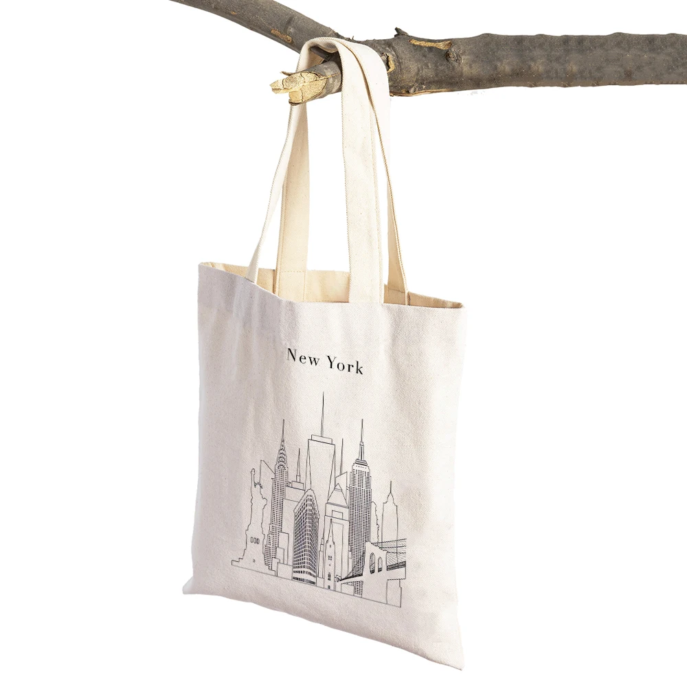 

Abstract City Line London New York City Landmark Building Women Shopping Bags Double Print Casual Handbag Tote Lady Shopper Bag