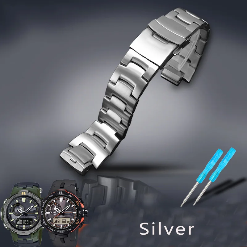 thumbnail image 1 of Correa de acero inoxidable macizo de 16 mm para Casio PROTREK PRW-3000 3100 6000 6100, hebilla plegable, correa de repuesto para reloj deportivo para hombre, 1 of 5
