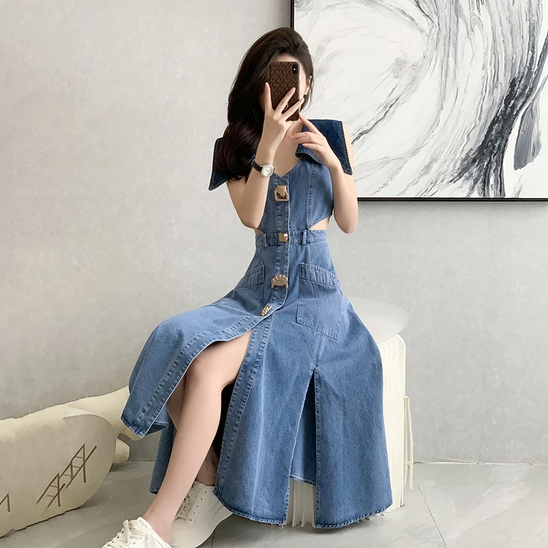 Women 2024 Designer Retro Denim Dresses Turn-down Collar