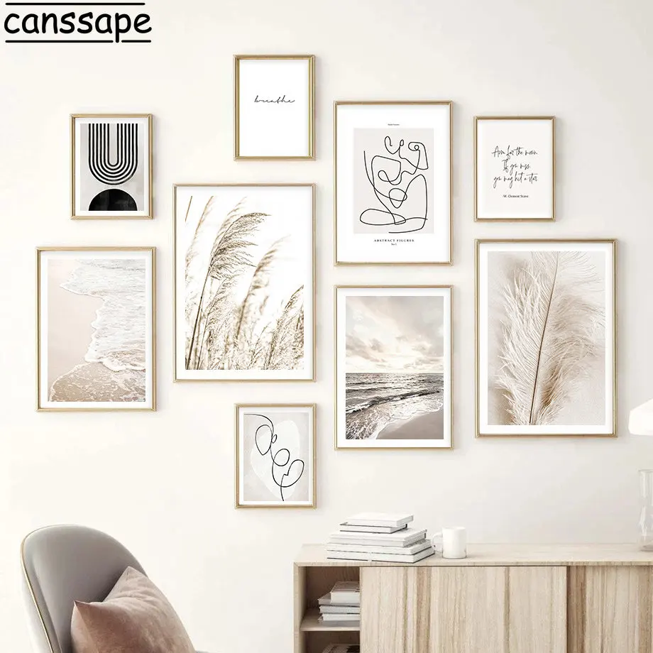 

Beach Canvas Painting Abstract Lines Print Pictures Beige Hay Reed Wall Art Sea Waves Art Prints Nordic Poster Living Room Decor
