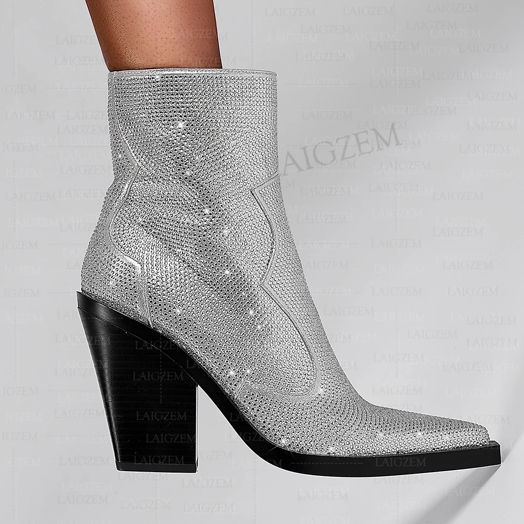 

BERZIMER SUPER Women Ankle Boots Bling Crystal Side Zip 8CM Thick High Heels Short Boots Ladies Shoes Woman Plus Size 36 41 43