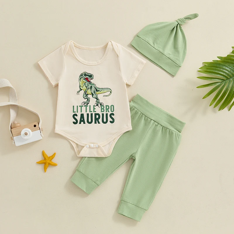 

2024-03-22 Lioraitiin Summer Baby Boy Outfit Dinosaur Print Short Sleeves Romper and Elastic Pants Beanies Hat Set 3PCS Clothes