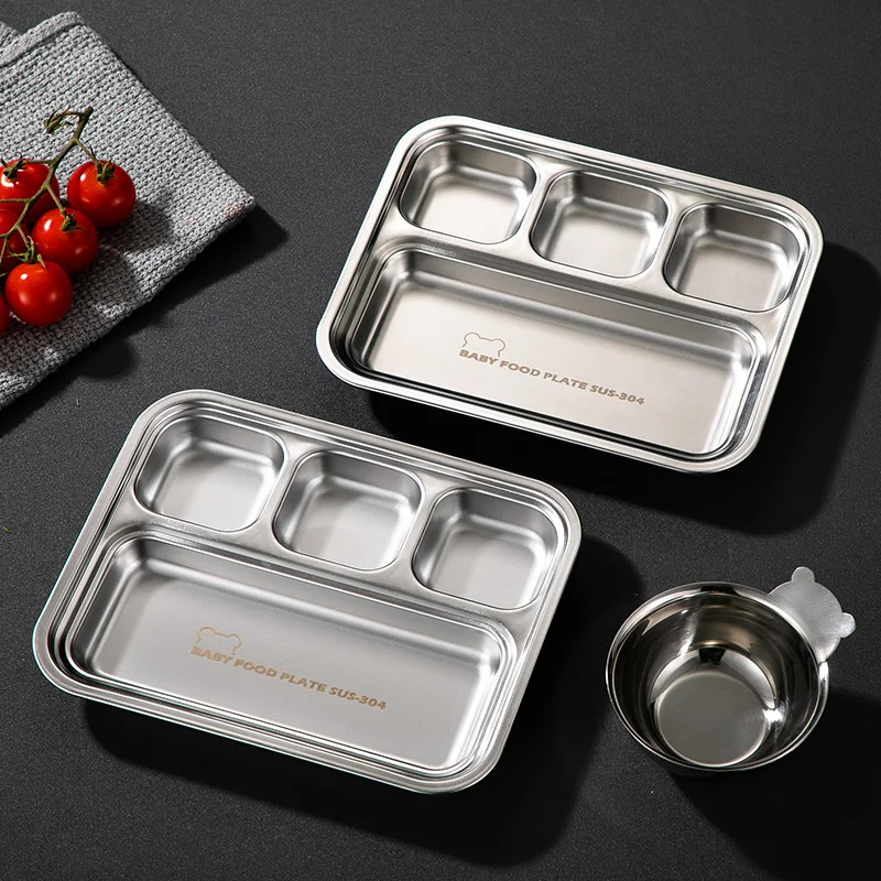 304 Stainless Steel Divided Dinner Tray Lunch Fruit Snack Container Food Plate 4 Grids For Students Canteen Restaurant
