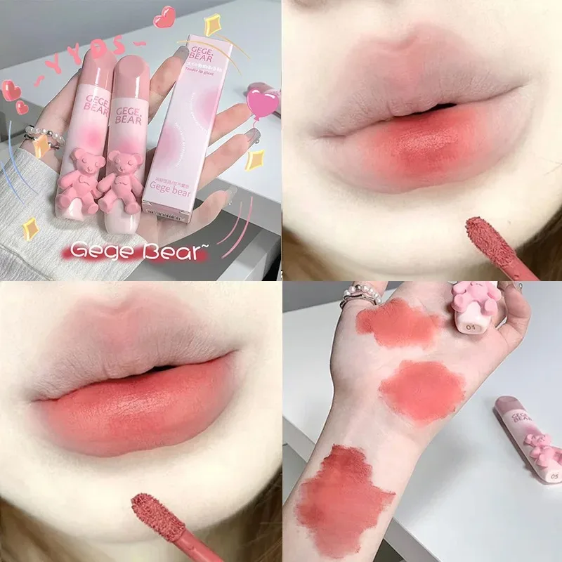 6 Color Girl's Velvet Matte Lipstick Blush Waterproof Long Lasting Cute Bear Lipgloss Non-Stick Cup Makeup Lip Tint Mud Cosmetic lip makeup lip glaze lip tint lip stain lip gloss