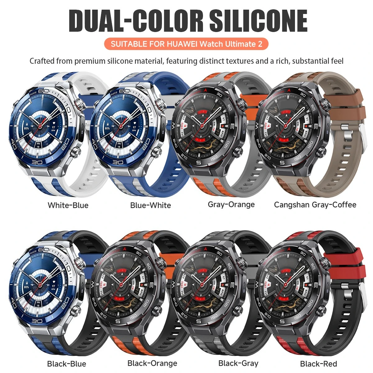 Two-Tone Silicone Sports Watch Strap - 22mm Bracelet for Huawei Watch Ultimate