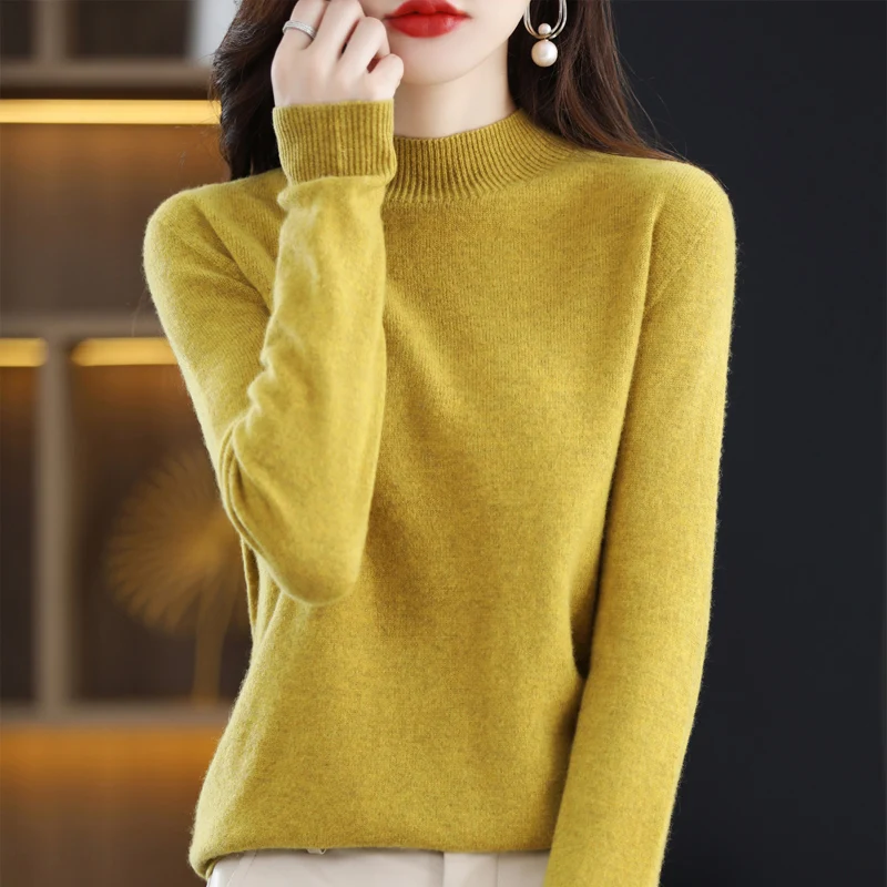 

100% Pure Wool Half-neck Pullover Autumn/Winter Cashmere Sweater Woman Casual Knitted Tops Female Jacket Korean Fashion