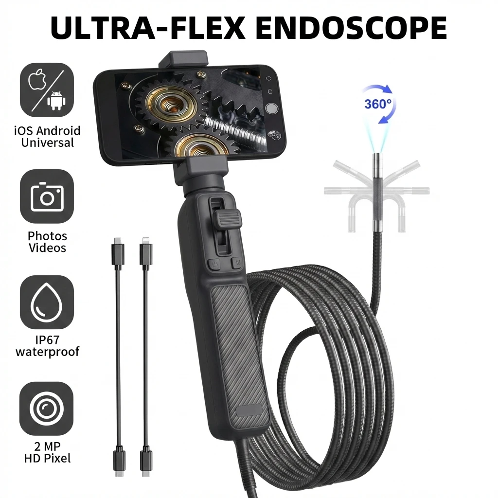 HD 1080P 360 °   관관 내부 검사용 LED 조명이 있는 8mm 6mm 관절형 내시경 카메라 헤드, 파이프 및 자동차 수리용