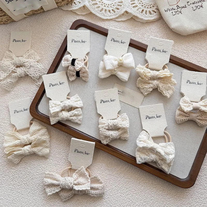 Baby Hair Band Girls White Ties Bows Elastic Rubber Headwear Exquisite Sweet Kids Baby Versatile Lace High Elasticity Hair Rope