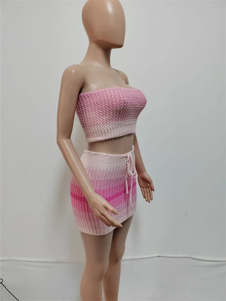 Wmstar Women Two Piece Set Summer Sexy Women's Sweater Knitted Suit Strapless Short Skirt Woolen Outfit Wholesale Dropshipping
