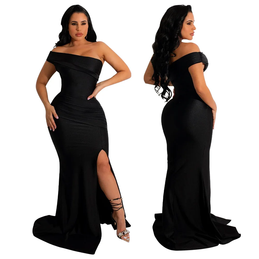

Autumn solid color slant shoulder sexy strapless open drag floor length dress evening dresses vestidos femininos frete grátis