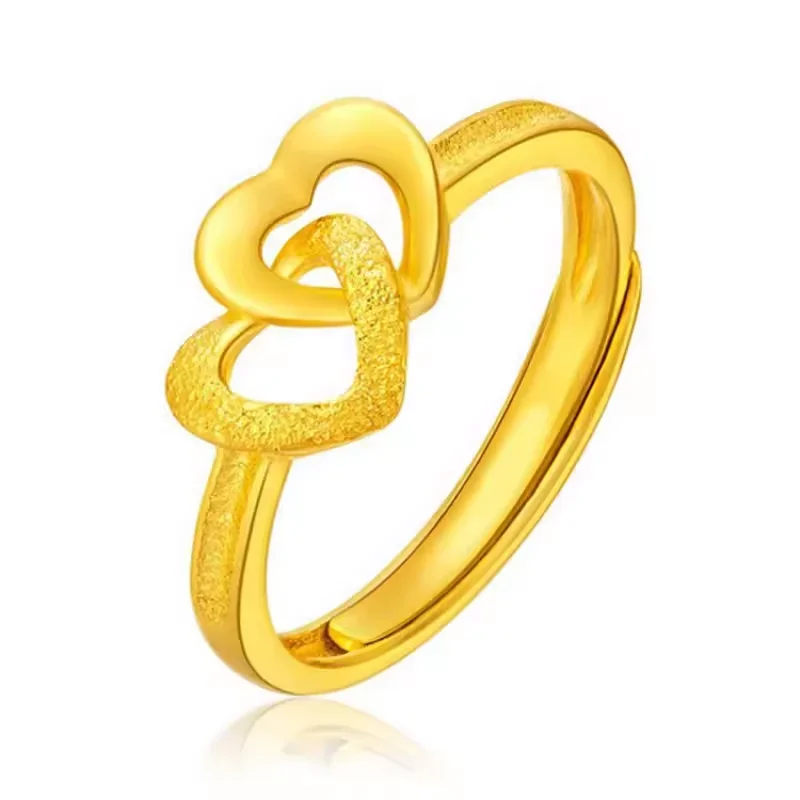 18K real gold 999 ring women's gift lucky four-leaf dragon and phoenix couple model glossy star jewelry