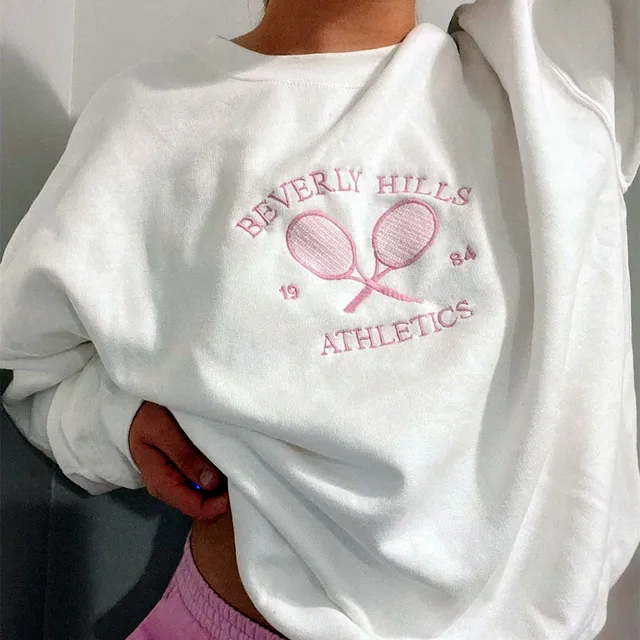 여성용 테니스 육상 레터 자수 스웻셔츠, 흰색 루즈한 봄 풀오버, 긴 소매, 레트로 얇은 코튼 캐주얼 점퍼 추천