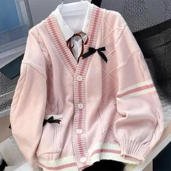 Casual Sweet Bow Cardigan Woman Autumn Winter Japanese Classic Preppy Style Knitted Coats Y2K Vintage Contrast Color V-Neck Tops 1
