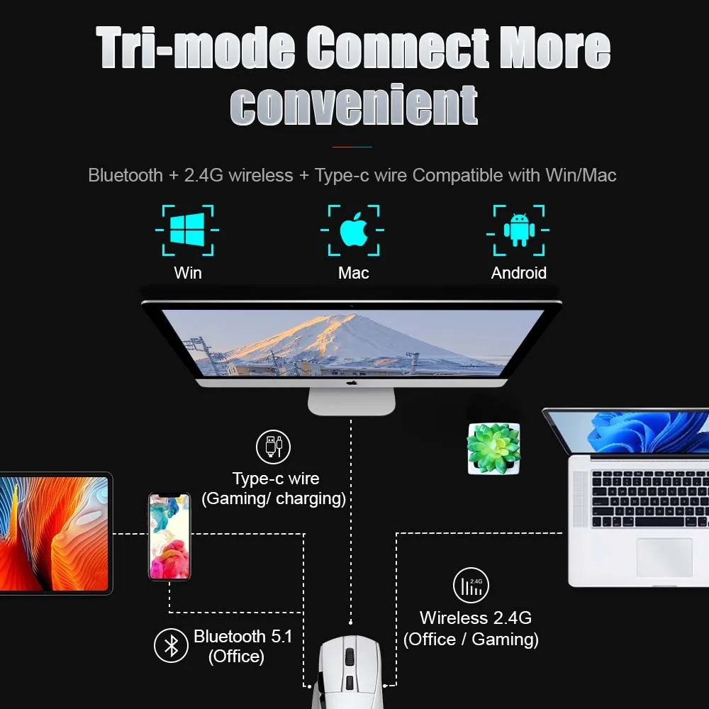 DAREU PC Gamer Mouse 12000DPI RGB Tri-mode Wireless Bluetooth Mice Charging Dock AIM-WL Sensor for Laptop PC