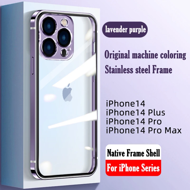 

For iphone 14 13 12 Case Original Color Stainless steel Frame High Transparent Hard Acrylic backplane anti-drop protective cover