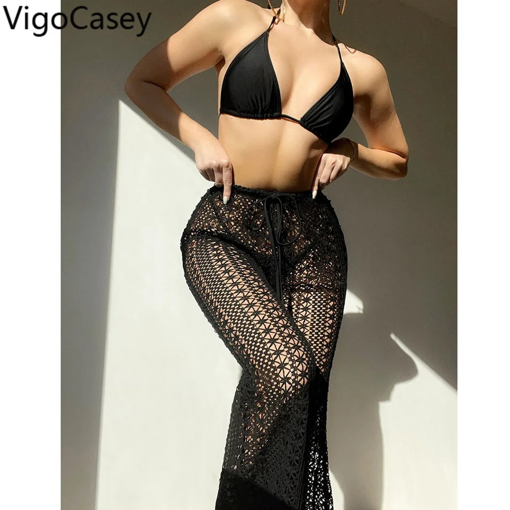 

VigoCasey Sexy Black Tied Halter 3PCS Lace Pants Bikini Set Swimwear Women 2023 High Cut Thong Swimsuit Backless Bathing Suit