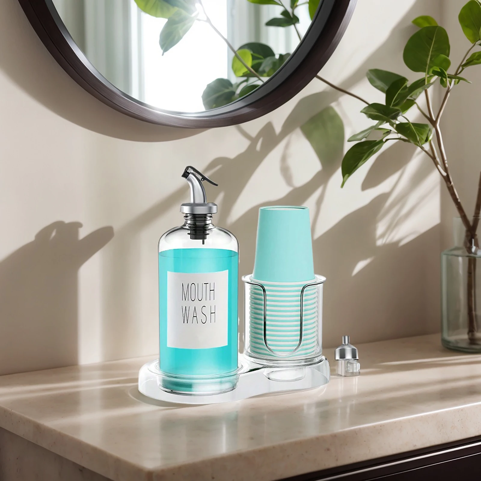 Mouthwash Dispenser for Bathroom Organizer with Cup Holder Detachable Acrylic Mouthwash Container 16 Oz,Mouth Washer Dispenser