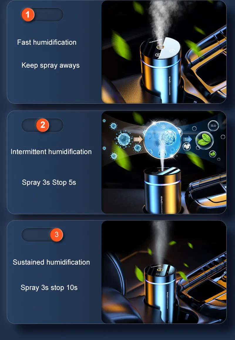 Wireless Air Humidifier 300ml Ultrasonic Fogging Spray Office Car Bedroom Humidifier Rechargeable Multiple Light Efffect