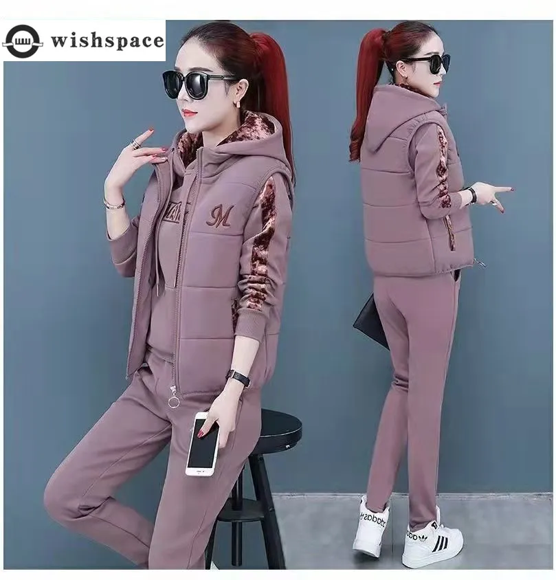 Three Piece New Women's Velvet Thickened 2022 Korean Autumn and Winter Hooded Top Casual Warm Sportswear Fashion Suit