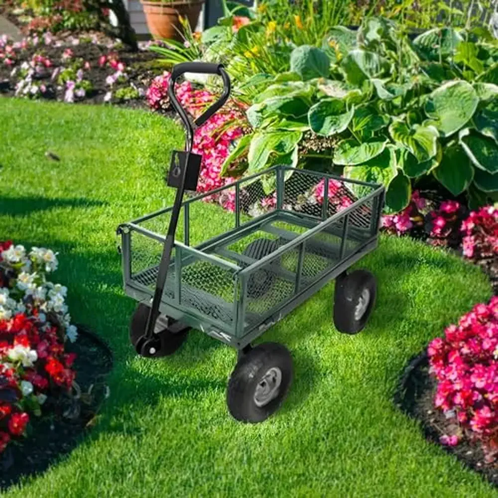 4-Wheel Steel Garden Cart w/ Mesh Sidewalls & Handles Convertible Trailer Hitch Durable Versatile Effortless Mobility 38x20