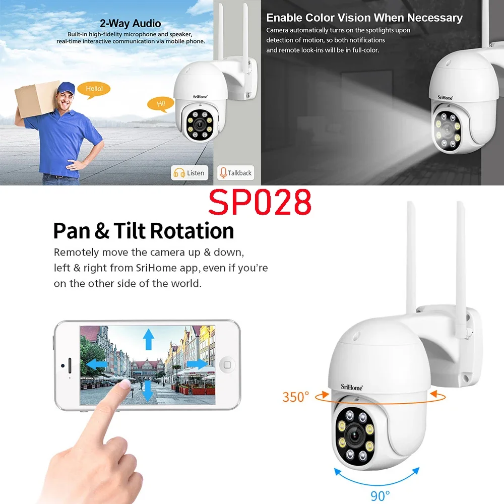SriHome SP028 2MP SH052 5MP PTZ WiFi Camera Ai Auto Tracking Outdoor IP Camera 2-Way Audio Color Night Vision CCTV Surveillance 4