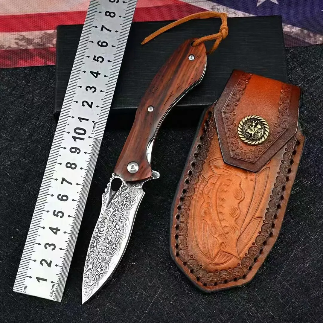 

Forged VG10 Damascus Folding Knife Rosewood Handle With Leather Sheath Outdoor Hunting Self Defense Pocket Camping EDC Knives