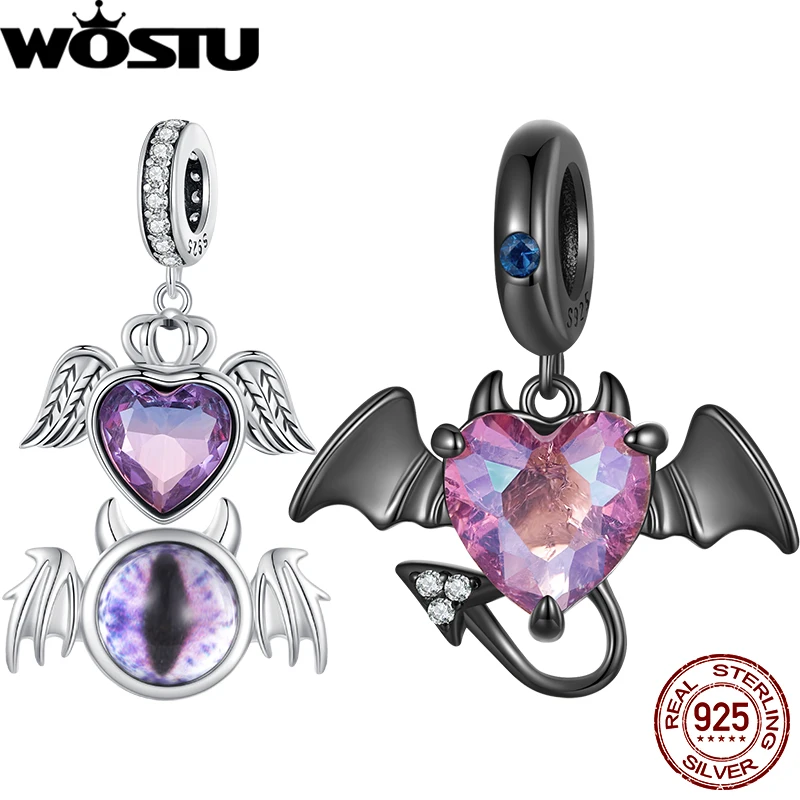 

WOSTU 925 Sterling Silver Gradient Red Glass Heart Devil Pendant Black Plating Pendant Fit Original Bracelet DIY Dark Rock Style