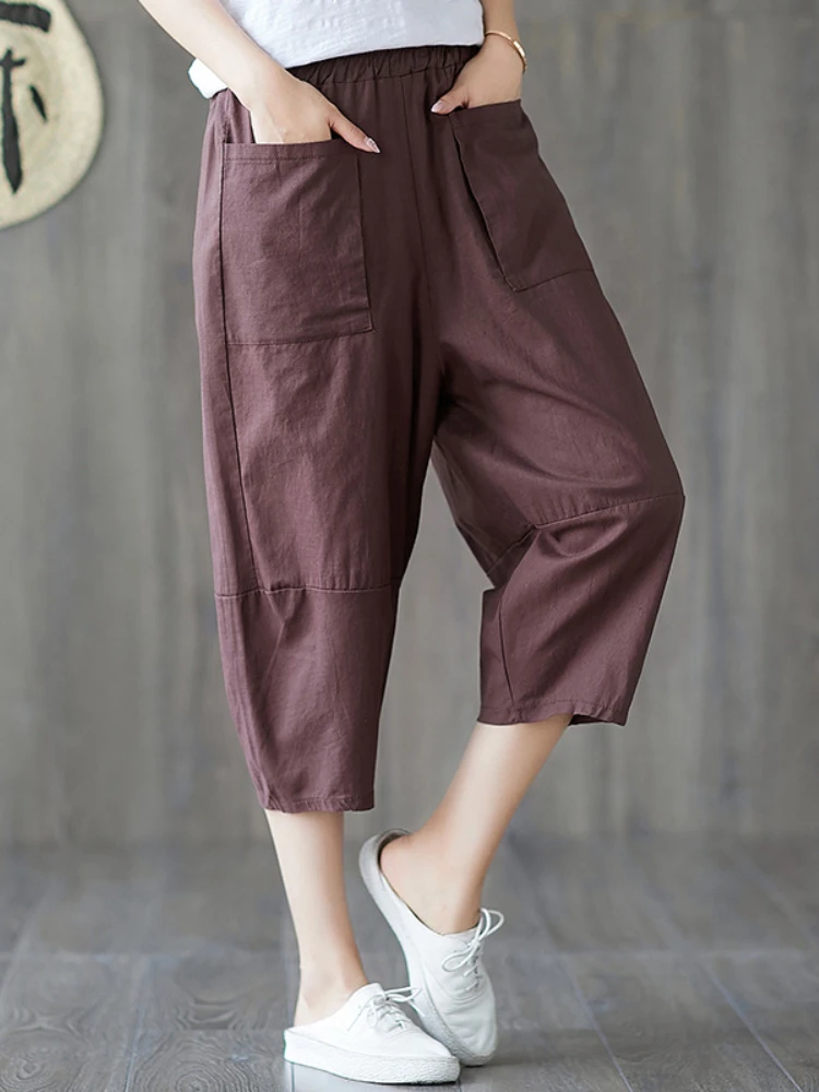 Linen Crop Pants Elastic Waist Cotton Linen Cropped Pants Elastic