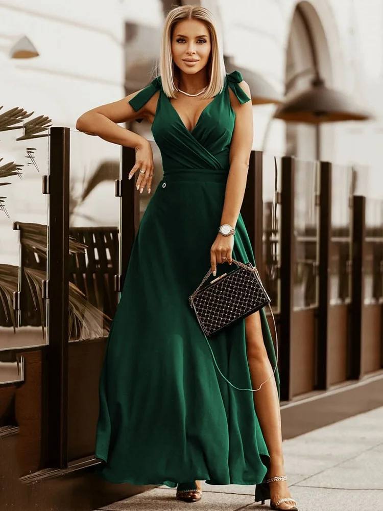 

Sexy Elegant V-neck Split Solid Color Sleeveless Slim Dress Women Fashion Backless Party Floor-length Dresses Spring Summer 2022