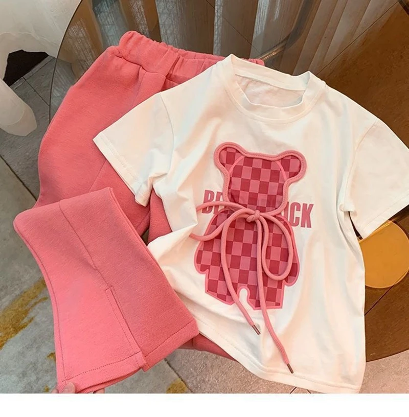 

New Summer Babys Girls Cartoon Tee + Long Pants Two-piece Teenage Outfits Set Kids Bear Short Sleeve Suits 2 3 4 6 8 10 Years