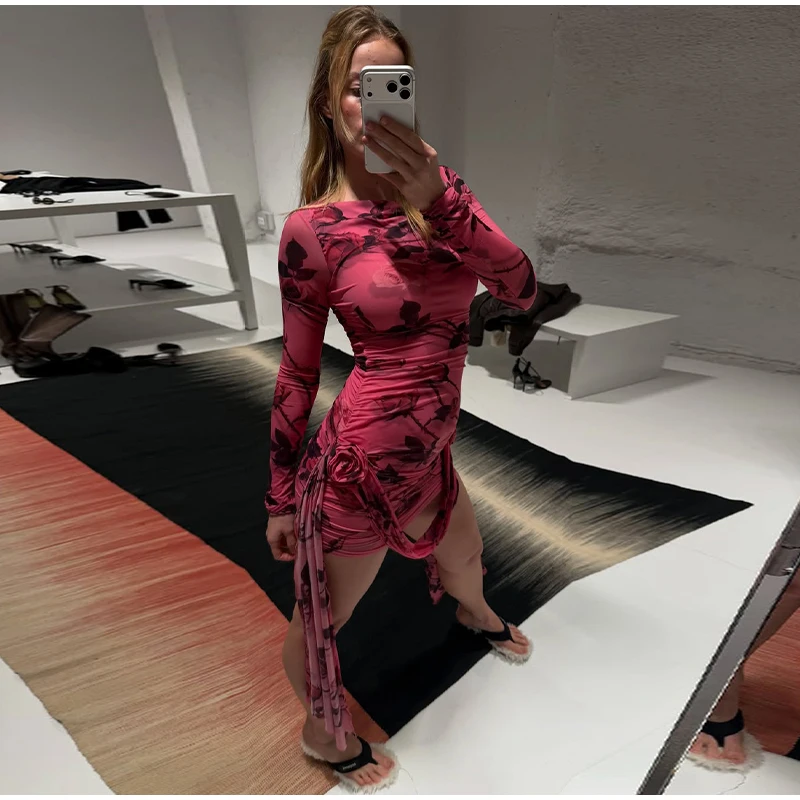 Damen Rosa Rosen-Print Transparentes Mesh-Minikleid Schulterfreies Langarm-Kleid mit Raffungen und Seitlicher Schnürung Sexy Party-Clubwear – Detail 15